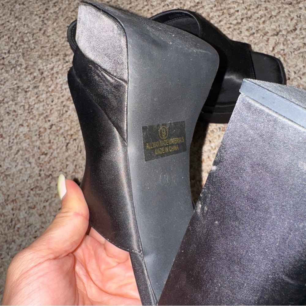 Platform Chunky Satin Black Mules Heels 9 - Picture 6 of 9